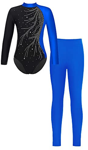 iEFiEL Mädchen Turnanzug Glitzer Gymnastik Leotard Langarm Akrobatik Anzug Tanzkostüme Turnbody Jumpsuit mit Sport Leggings Za Blau 134-140