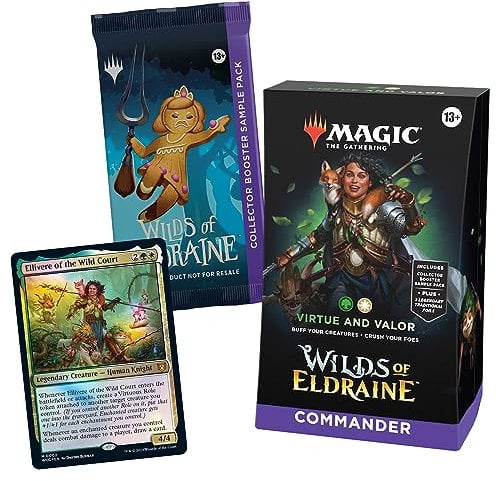Mazo de Commander de Las tierras salvajes de Eldraine, de Magic: The Gathering - Virtud y valor (mazo de 100 cartas, sobre de coleccionista con 2 cartas de muestra + accesorios) (En Inglés)