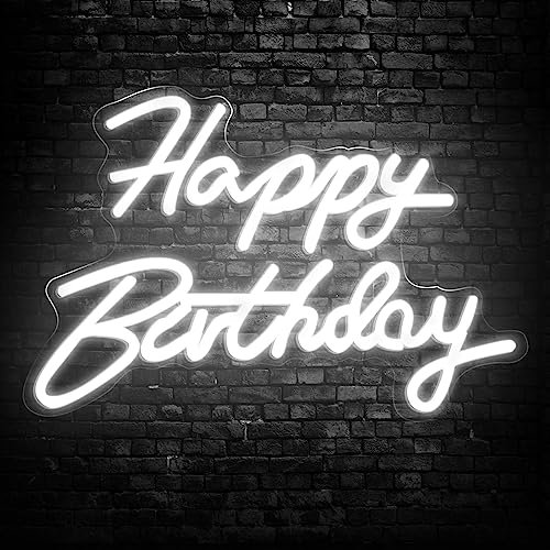 Aygo Neon Schild, Happy Birthday Deko Leuchtreklame, LED Neon Sign, USB-betriebene Buchstaben Weiß, Acryl Led Schild für Zimmerdeko, Led Wand Deko Party Lichter Dekoration, Einstellbare Helligkeit