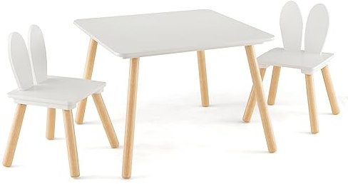LIFEZEAL Kindertisch mit 2 Stühlen, Kindersitzgruppe mit Kaninchenohren-Rückenlehne, Kinder Tisch Stuhl Set, Kindermöbel aus Holz, Kinder Tischgruppe für Kinderzimmer & Kindergärten (Weiß)