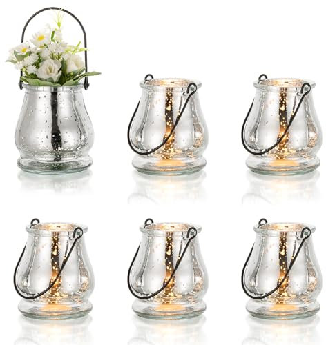 NUPTIO Hanging Tealight Holders Silver - 6 Pieces Mercury Glass Tea Light Holders Outdoor Candle Lantern Small Bulk for Garden Christmas Wedding Party Decorations