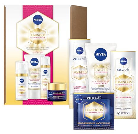 NIVEA Cellular Luminous Anti Pigmentflecken Set mit Gesichtsserum, Anti-Aging Tagescreme, regenerierender Nachtcreme und Handcreme gegen Pigmentflecken, Hautpflege Geschenkbox mit Hyaluronsäure
