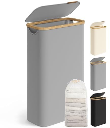 SONGMICS Laundry Basket with Lid, Slim Laundry Hamper, 65L, Space-Saving, Removable Mesh Liner, Oxford Fabric, Bamboo Handles, Collapsible, 42 x 22.5 x 70.5 cm, Dove Grey LCB506G01