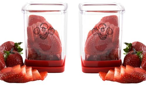 BUNIQ 2 Strawberry Cup Slicer, Fruit Slicer Cup, Speed Slicer with Plate, Stainless Steel Fruit Slicer Cutter Cup for Strawberry Banana Egg, Portable Fruit Vegetable Dicer Slicer Kitchen Gadgets