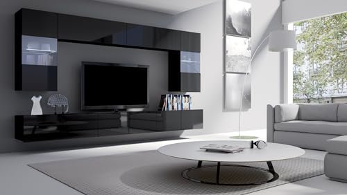 Design Möbel Calabrini Wohnzimmermöbel-Set TV-Schrank Wandschrank niedriger TV-Schrank TV-Tisch Kommode Sideboard TV-Regal Hängeregal Wohnzimmerschrank Wohnzimmermöbel Schwarz