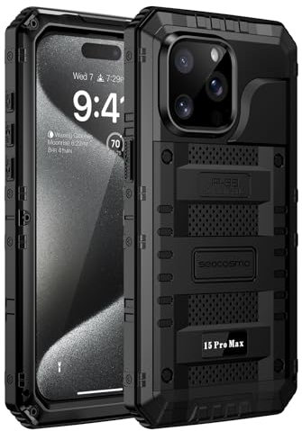 seacosmo iPhone 15 Pro Max Hülle Wasserdicht, Militärstandard Schutzhülle mit Eingebautem Displayschutz Stoßfest Metall Handyhülle für iPhone 15 Pro Max, Schwarz