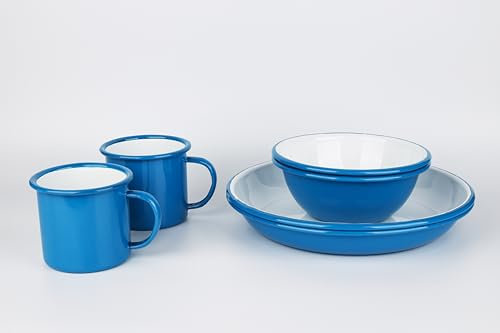 Lost & Found 6 Piece Premium Enamel Set for Two | Bowl Deep Dish Plate Mug | Outdoor Camping Hiking Vanlife Enamelware Dining Mess Kit (Glacier Blue)