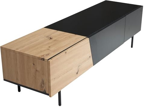 Wohnling Lowboard Schwarz mit Eiche-Dekor 150x40x40 cm TV-Kommode Modern, Design TV-Schrank Niedrig, Fernsehtisch Fernsehschrank mit Türen & Schublade, Fernsehkommode Wohnzimmer