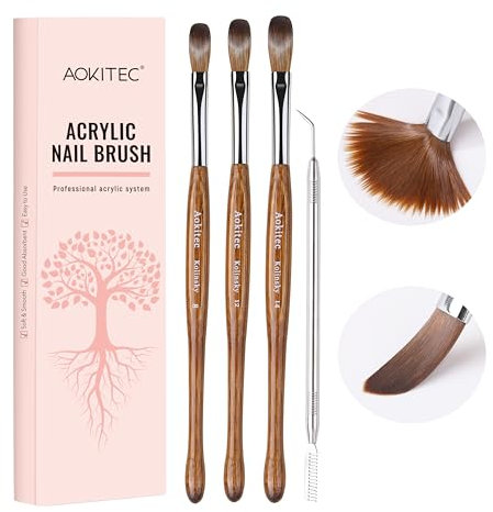 Aokitec Kolinsky Acrylic Nail Brush with Metal Brush Cleaner - Size 8/12/14 Nail Brushes for Acrylic Powder, Wooden Handle Acrylic Brushes for Nails, Acrylic Nail Extension & Carving, Women Gift Set