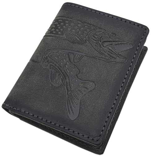 Kleine Büffel-Vollleder Geldbörse (Mit Fisch-Motiv / Vintage-Grau) | Geldbeutel, Portemonnaie, Geldtasche