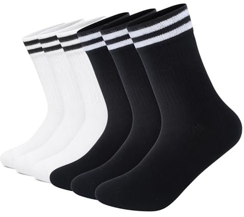 FALARY Socken Damen 39-42 Tennissocken Damen 39-42 Sportsocken 6 Paar Herrensocken Crew Socken Baumwollsocken Unisex Socken Schwarz Weiß