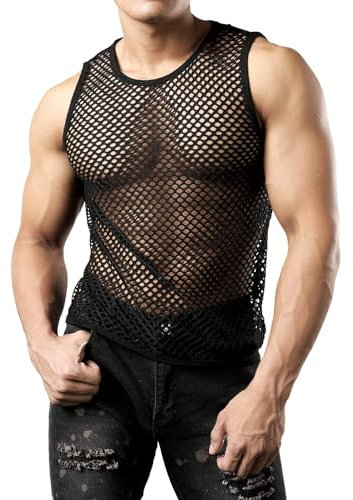 Men's Fishnet Vest Fitted Mesh Tank Top See Through Sleeveless Muscle Undershirt Hollow Out Top Black Sexy Vest Sheer Workout Tee Shirt Clubwear (UK, Alpha, M, Regular, Regular, Black(Big net))