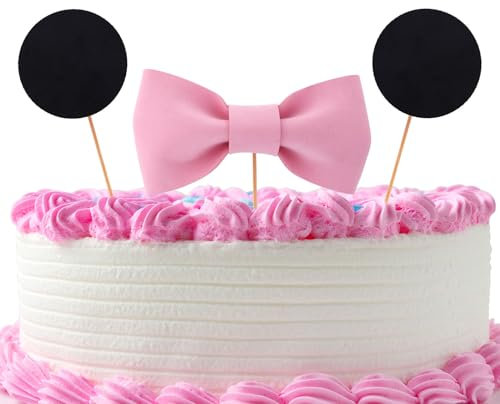 Maus Kuchenaufsatz, Maus Kuchendekorationen Inklusive Schwarzen Ohren und Rosa Schleife Kuchendeko für Geburtstagspartys Mouse Cake Topper für Mädchengeburtstagszubehör