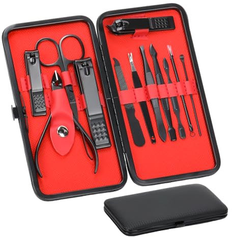 XIKAYA Maniküre Set Nagelknipser Kit Professionelle Nagelpflegewerkzeuge aus Edelstahl mit Lederetui für Reisen 12 in 1 Schwarz