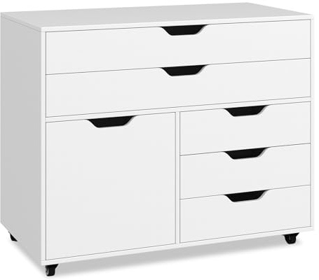 CASART Mobile File Cabinet, 5-Drawer Lateral Filing Cabinet with Wheels and 1 Door, Rolling Printer Stand Document Storage Unit for Home Office, Fits Files Letter, A4 Size, 77 x 40 x 64cm
