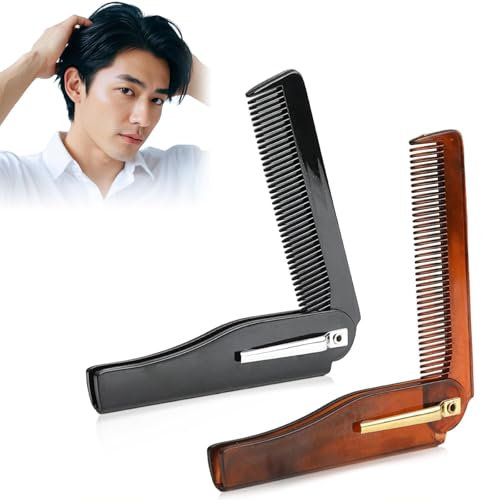 2PCS Folding Beard Comb for Men & Women - Portable Butterfly Knife Style Pocket Combs for Travel | Anti-Static Plastic Hair Comb with Wide & Fine Teeth