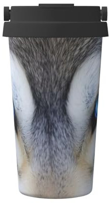 Isolierter Kaffeebecher mit blauen Augen und Wolf, doppelwandig, Vakuum-Edelstahlbecher mit auslaufsicherem Deckel und Griff, niedlicher Reise-Thermobecher für kalte heiße Getränke