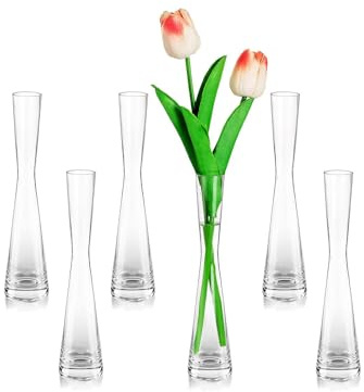 Glasseam Schmale Vase Glas für Tischdeko, 6er Klar Vasen Set für Blumen | 20cm H, Handmade Blumenvase Modern, Glasvase für Pflanzen Rose Tulpen, Tafelaufsätze, Wohnzimmer, Home Deko, Hochzeit