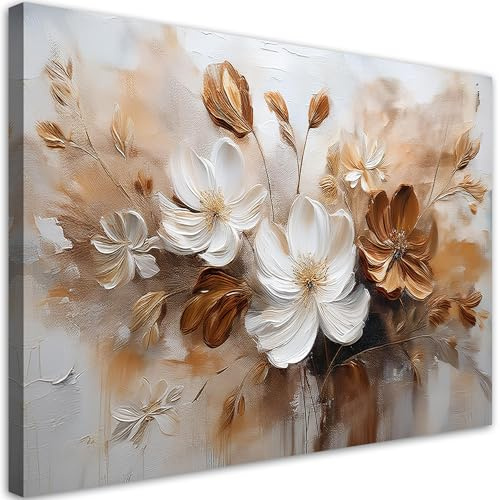 Feeby - Impression sur Toile - Deco Tableau Murale Intissé - Blanc Fleurs sauvages brunes peintes - 60x40 1partie - Photo Peinture - Pour Chaque Pièce de Votre Appartement