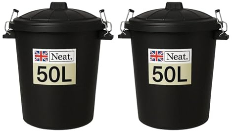 NeatPlastics Dustbin 50 L, Large Dustbin for Garden with Heavy-Duty Weather Resistant and Food Grade Material, Trash Can Garbage Bin With 2 Clip Locking Lid for Indoor & Outdoor Waste, Pack of 2