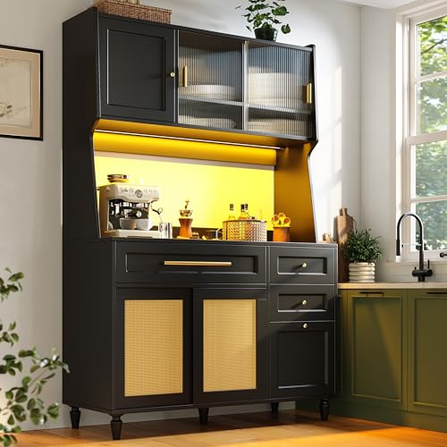 Kebnor Küchenschrank, Hochschrank,Vitrinenschrank, Buffetschrank mit Verstellbaren Ablagen, Esszimmerschrank mit 3 Schubladen,Sideboard mit LED-Beleuchtung, PE-Rattan(schwarz, 120 * 45 * 195.5 cm)