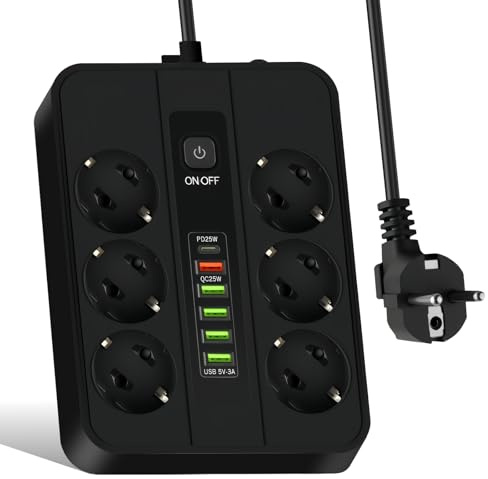 WIYETY - Regleta eléctrica de 6 puertos (enchufe múltiple con 5 USB A y 1 puerto de carga rápida tipo C, adaptador de 2 m, enchufe portátil para oficina, hogar, viaje