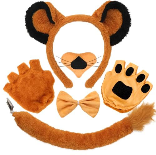 AgagaQx Löwenkostüm Herren Erwachsene Karneval, Tierkostüm Flauschig, Dschungel Kostüm Niedlich, Tierohren Haarreif Nase Fliege Handschuhe Schwanz, Löwe Kostüm Damen für Halloween Fastnacht Party