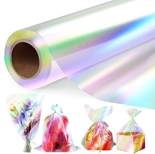 43 CM x 30 M Regenbogen Klare Cellophanfolie Rolle, 3 Mil Dicke Cellophan Geschenkfolie Transparent für Geschenkkörbe, Klarsichtfolien Packpapier für Blume, Geschenk Baskt Verpackung, Leckereien Wrap