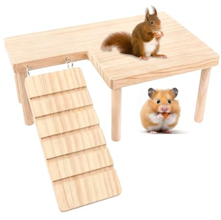 QingWing Hölzern Hamster Plattform mit Kletterleiter, HamsterkäFig ZubehöR | Kletterplattform für Kleintiere, Holzspielstruktur für Ratten, Eichhörnchen und Ziervögel, Käfigspielzeug (28 * 17 * 13,5 cm)