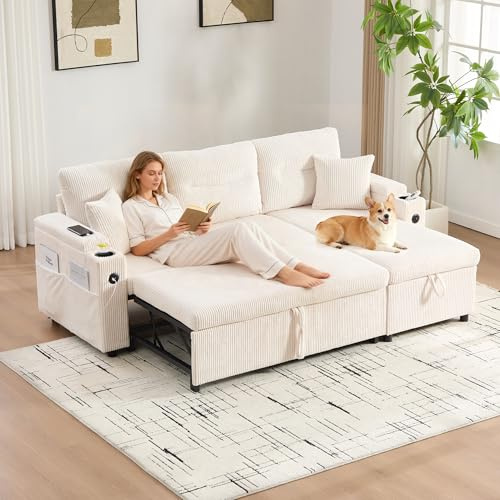 ZIDEY Sofa mit Stauraum, Schlaffunktion und Getränkehalter, Schlafcouch Ausziehbar mit USB und Kissen, Schlafsofa Klein Klappsofa Schlafsofa 3 Sitzer, Cordsofa, Beige