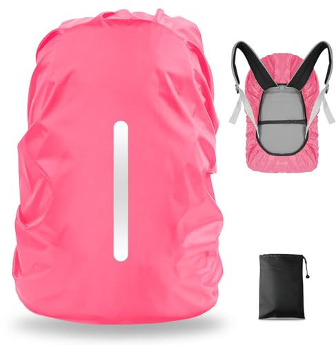 LAMA 1 Stück Rucksack Regenschutz wasserdichte Schulranzen Regenhülle mit Reflexstreifen Verstellschnalle für Wandern Klettern Camping Radfahren Reisen Outdoor Aktivitäten, Rosa M, 30-40L