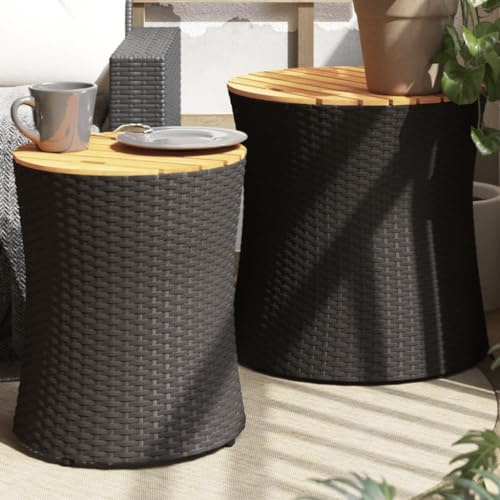Owoxanthellate 2er Set Gartentische ausziehbar klappbar Schwarz Poly Rattan mit Akazienplatte 50 cm & 38 cm wetterfestes Beistell Couch Beistelltisch für Balkon Terrasse und Garten