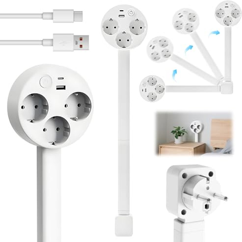 BIZOI Regleta Extensible y Giratoria de Escritorio o Sofá, Extensor de Enchufe Eléctrico con 3 Tomas de Corriente Alterna, USB-A y USB-C, Giratoria 180° Extensible de 47 a 67 cm Diseño Salvaspacio