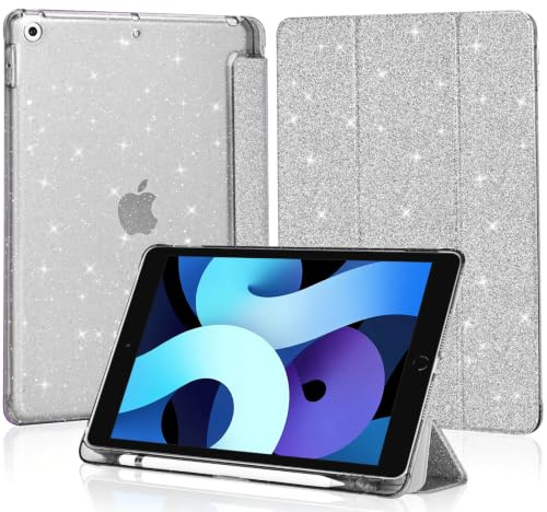 4UBonLife Cover Per iPad 9a/8a/7a Generazione 10,2 Pollici 2021/2020/2019 | Custodia Glittering con Retro Rigido Trasparente Guscio, Portapenne, Glitter Argento