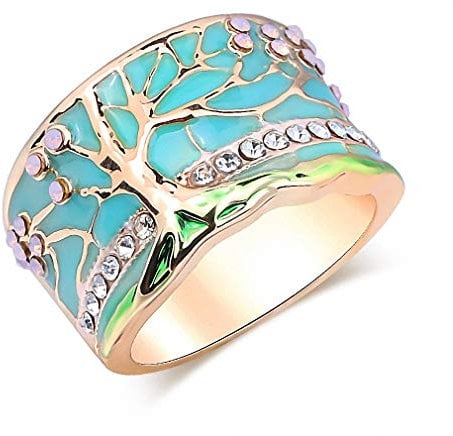 tqyzkh Lucky Flower Tree Rings Gold Pink Opal Green Enamel Wide Ring for Woman Party Crystal Vintage Jewelry, Alloy,Gold, semi-precious stones