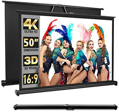 New Portable Mobile 50 Inch Projector Screen Pull Down, 16:9 Projector Screen Retractable Tabletop Screen Tripod Stand for Home Theater Meeting Room, School Indoor Outdoor Ceiling Wall Mount Upgrade