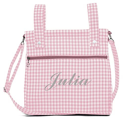 Bolsa panera de algodón vichy personalizada con nombre bordado - Bolso carro - Talega carrito de bebé - Nenel (Rosa)