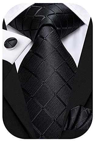 Hi-Tie Herren Krawatte Schwarz Paisley/Plaid/Streifen/Einfarbig Krawatten Set Einstecktuch Manschettenknöpfe Business Formal Hochzeit Meeting Geschenkbox,schwarzes Plaid