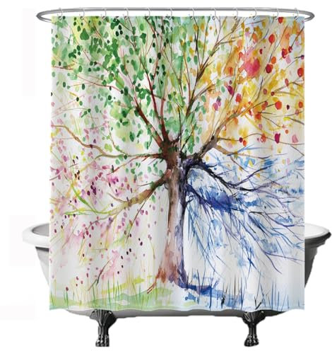Ulticool Duschvorhang - Baum des Lebens 4 Jahreszeiten Aquarell - 180 x 200 cm – Anti Schimmel - Waschbar – Wasserdicht - mit 12 Ringe - Grün Blau Gelb Rosa