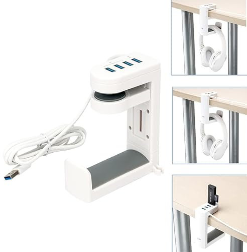 KIWIFOTOS Soporte para auriculares con concentrador USB, giratorio de 360° ajustable debajo del escritorio Soporte para colgar auriculares con 4 puertos USB (1 USB 3.0 + 3 USB 2.0), blanco