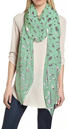 Lina & Lily Fular mujer con estampado de plumas (Verde menta-Plata)