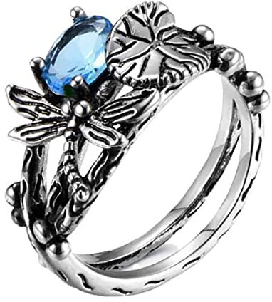 luoluoluo Frauen Ringe Libelle Lotus Ring Vintage Titan Silber Eingelegt Topas Ring Weinlese Einfach Schmuck Geschenk