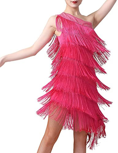 PRELGOSP Abito da Ballo Latino per Donna Vestito con Frange, Vestito da Ballo Una Spalla 1920s Abiti da Danza per Rumba Salsa Tango Samba Cha Cha,Rosa