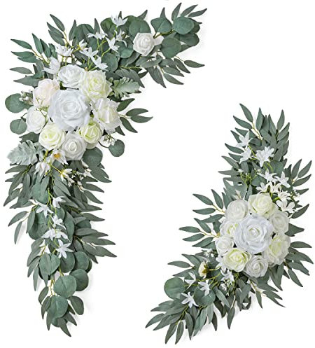 ponatia Hochzeitsbogen Blumen (2 Stück), künstliche weiße Hochzeitsblumen für Hochzeit Willkommensschilder Dekorationen und Bogenblumen für Hochzeitszeremonie Empfang (Weiß & Elfenbein)