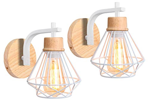 iDEGU 2 Stücke Wandleuchten Industrielle 16cm Vintage Lampe aus Holz und Metall Geometrischem Käfig Design E27 Wandlicht Retro Wandlampe Innen für Schlafzimmer Wohnzimmer Flur Küche (Weiß)