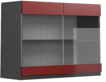 Vicco Armario de Cocina con Vidrio R-Line, Rojo/Antracita, 80 cm Forma de J