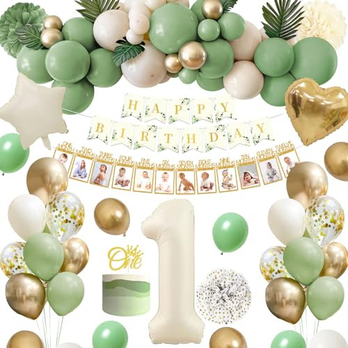 Kindergeburtstag Deko 1 Jahr Avocado Grüne Gold Luftballon,Deko 1. Geburtstag mit Fotogirlande,Pompons für Luftballons 1. Geburtstag Mädchen Junge