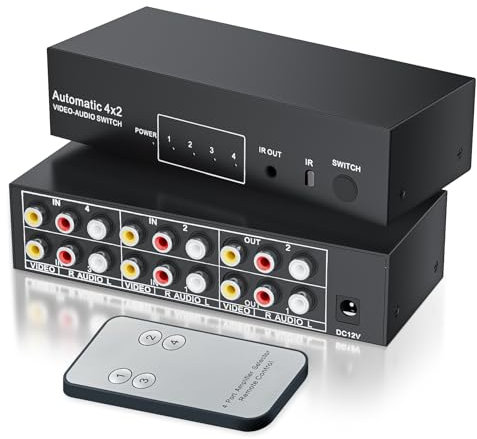 Commutateur RCA 4 entrées et 2 sorties vidéo composite L/R Audio Selector Box 4 x 2, BolAAzuL 4 voies 4 ports AV Splitter Sélecteur avec télécommande – pour Wii PS2 Xbox DVD STB HDTV