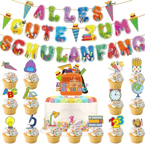 17 Stück Einschulung Tortendeko, Schuleinführung Deko Cupcake Topper, Tortendeko Einschulung, Alles Gute zum Schulanfang Girlande, Junge und Mädchen Schulanfang FParty Dekoration