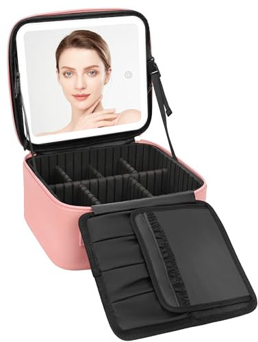 Twofold Travel Makeup Bag with LED Mirror, 3 Colors Lighting Modes Make Up Organiser, Portable Cosmetic Case with Adjustable Dividers for Makeup Artist Storage Case, Pink